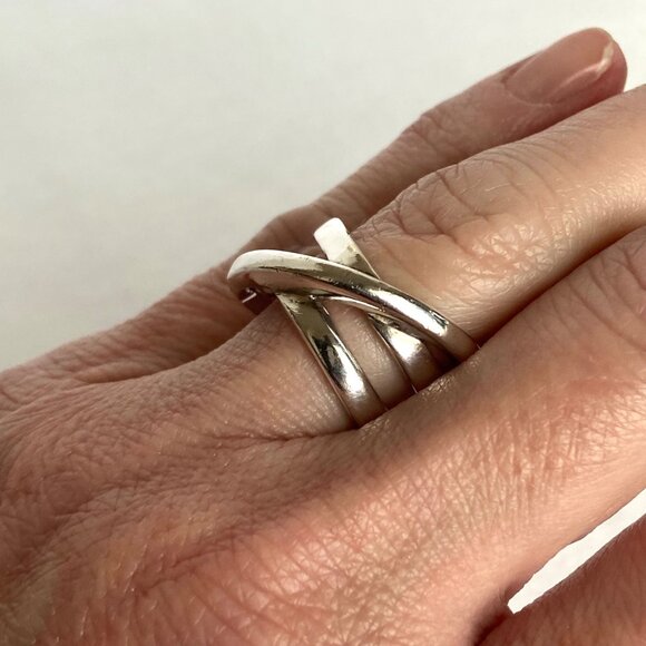 Sterling Silver 925 Asymmetric Criss Cross Lines Saturn Band Ring Sz 7 - Picture 4 of 16